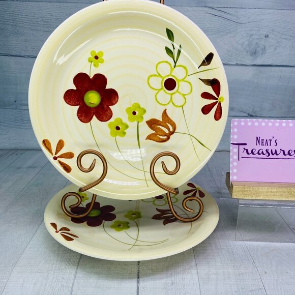Gibson GID438 Retro 70's Floral Muticolored Ceramic Beige Dinner Plates Set of 2 - Picture 1 of 14